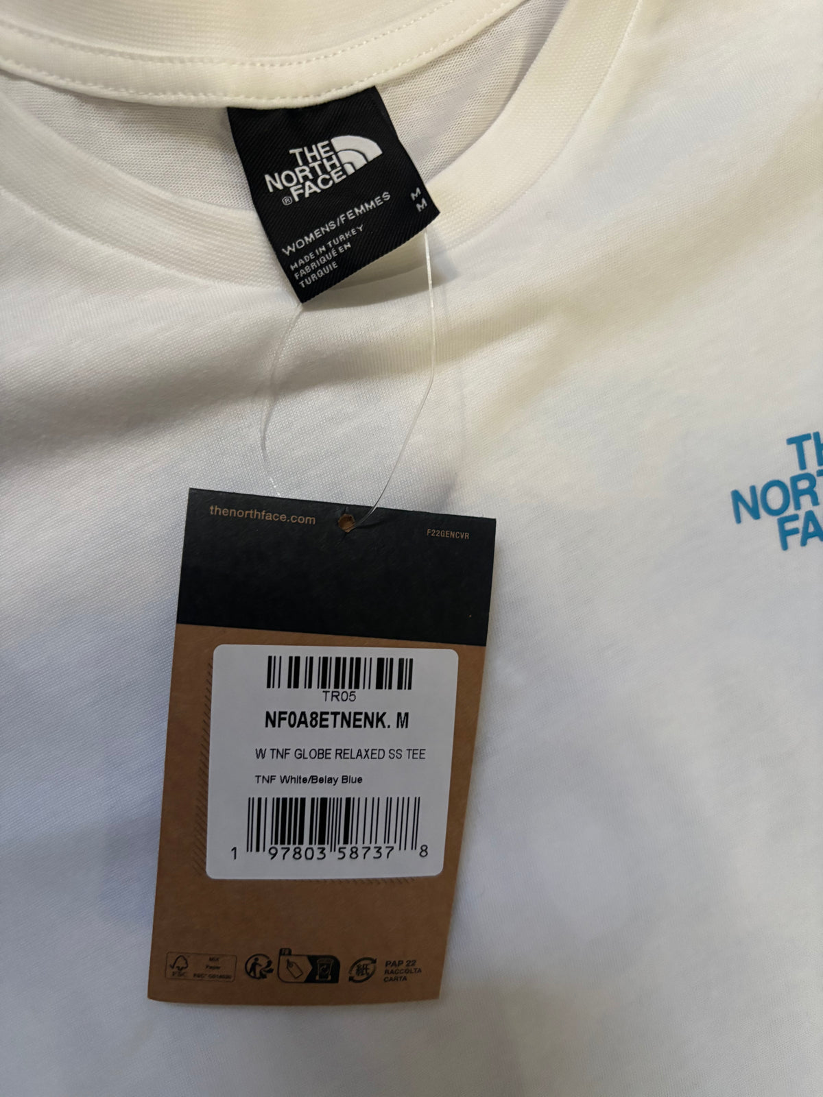 👕 T-shirt The North Face – Blanc – Logo Globe Bleu – Neuf avec étiquette
